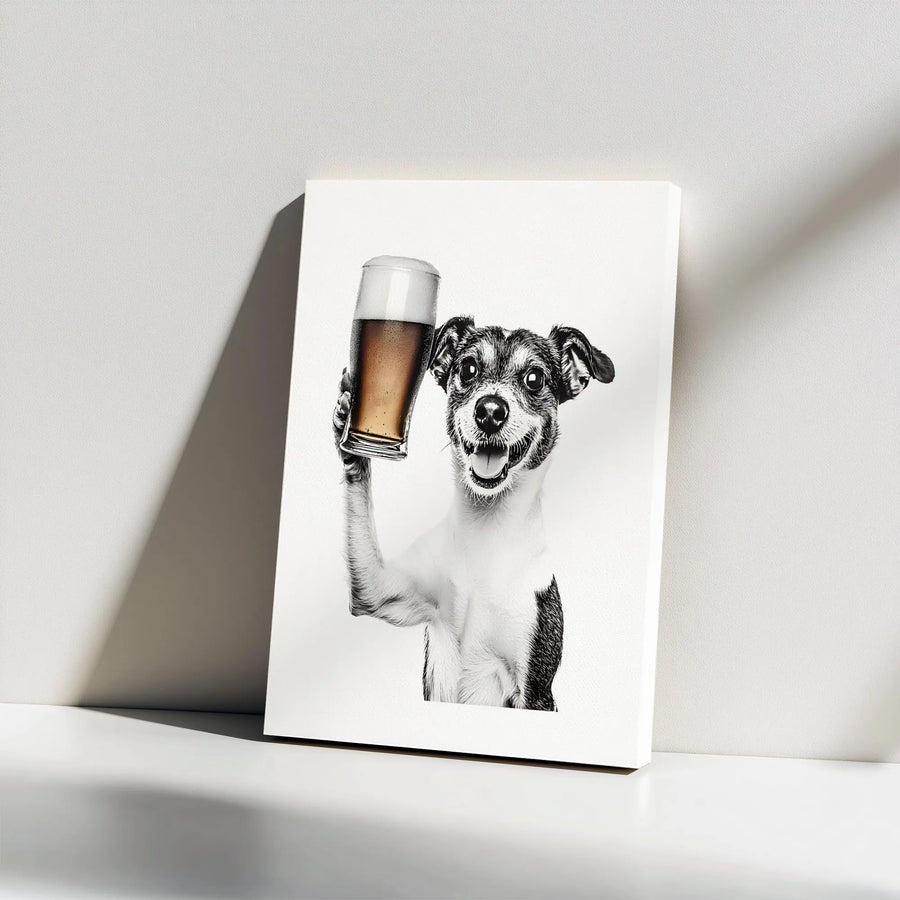 Funny Dog with Beer Canvas Wall Art | Selective Color Photography | Premium Thick Gallery Wrap | Man Cave Decor Gift for Beer Lover
