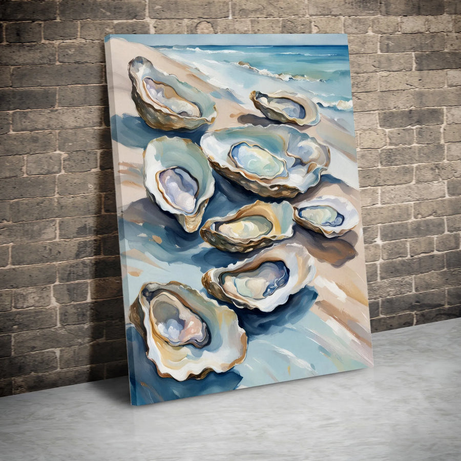 Oyster Painting Canvas Print | Modern Coastal Painting with Beach Scene | Thick Gallery Wrap Canvas | Nautical Kitchen Decor Gift for Seafood Lovers