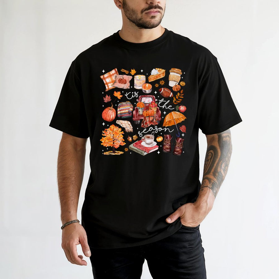Tis The Season Fall T-Shirt | Pumpkin Spice Autumn Harvest Graphic | 100% Cotton Premium Tee | Cozy Thanksgiving Gift For Her