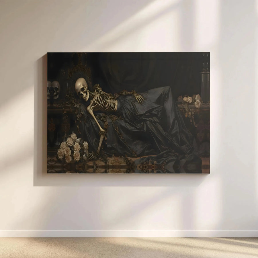 Gothic Skeleton Canvas Art | Reclining Skeleton with Roses Painting | Premium Gallery Wrapped Canvas | Dark Academia Home Decor Gift