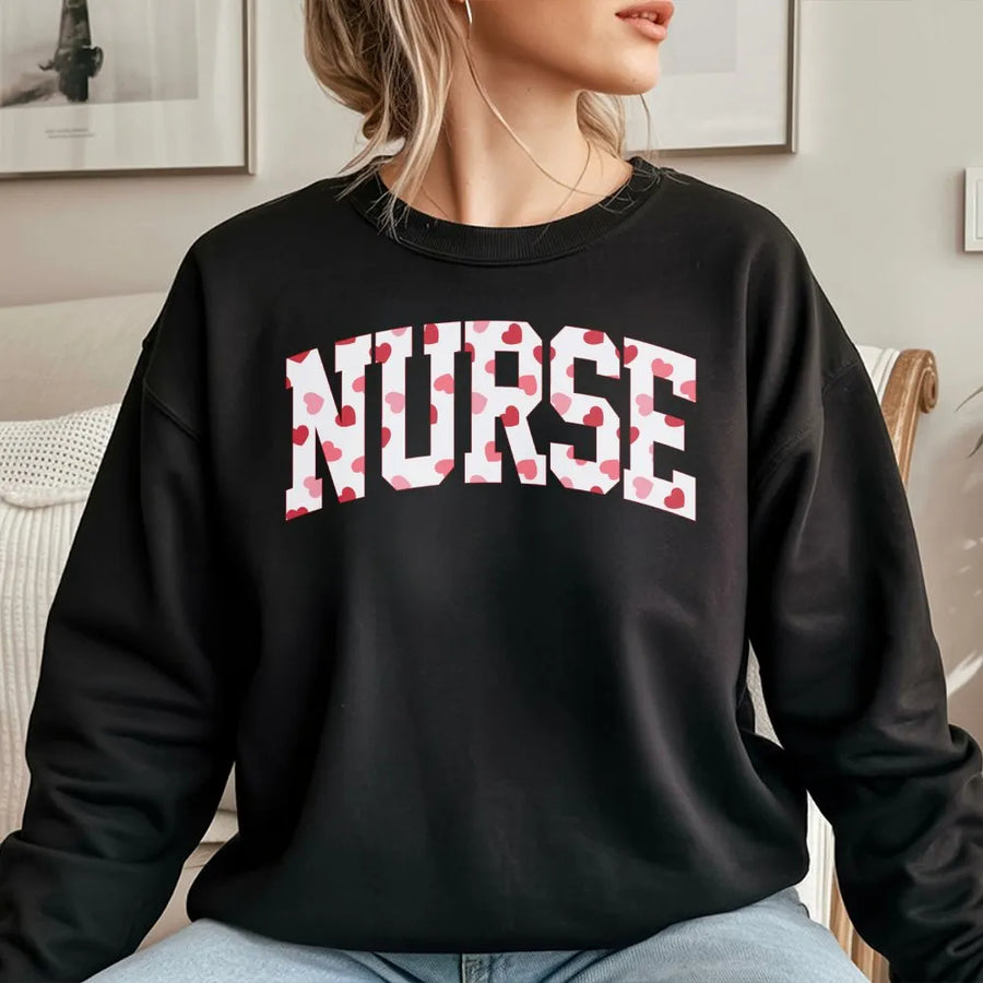 Nurse Valentine Sweatshirt | Heart Print Varsity Font | Premium Cotton Blend | Cute Nursing School Gift for Her
