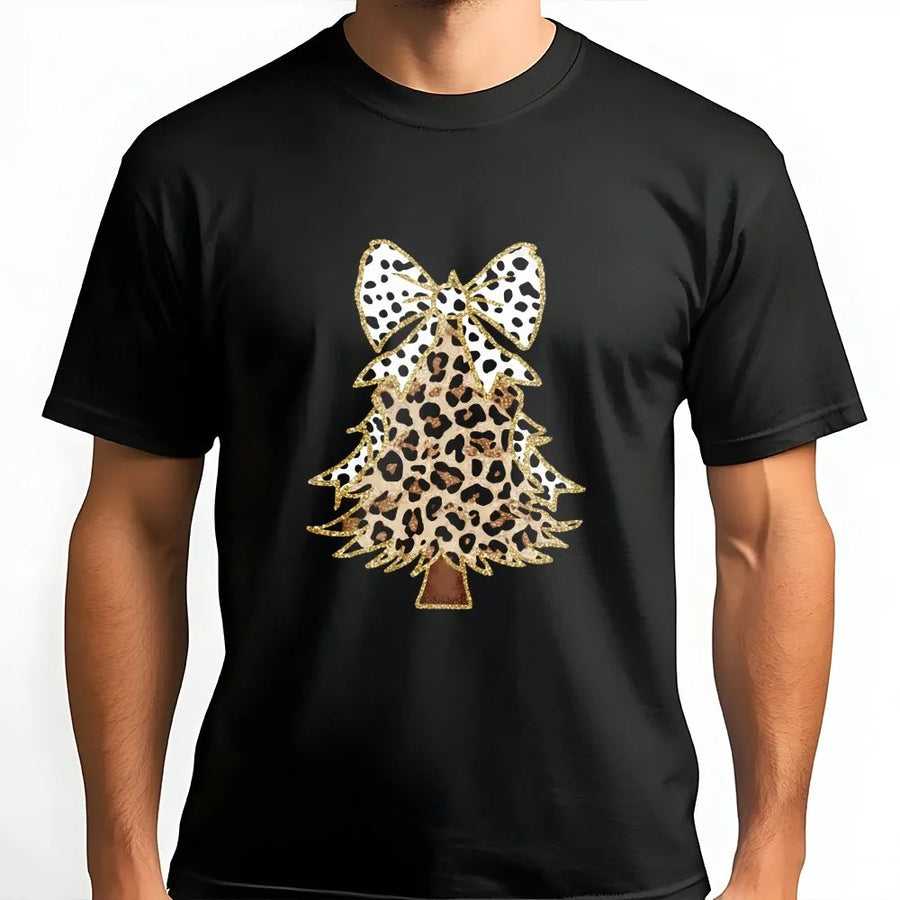 Leopard Print Christmas Tree T-Shirt | Glitzy Bow Holiday Graphic Tee | Premium Soft Cotton | Stylish Women's Christmas Party Gift