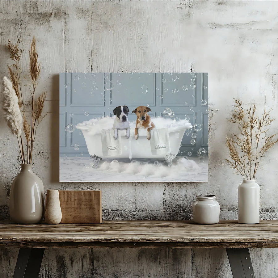 Funny Dogs in Bathtub Canvas Art | Cute Puppies in a Bubble Bath | Premium Gallery Wrapped Print | Humorous Bathroom Decor for Dog Lovers Gift
