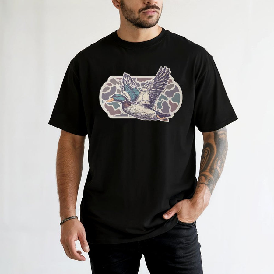 Flying Mallard T-Shirt | Vintage Duck Camo Graphic Print | 100% Cotton Premium Crewneck | Wildlife Outdoor Gift for Hunters and Bird Lovers