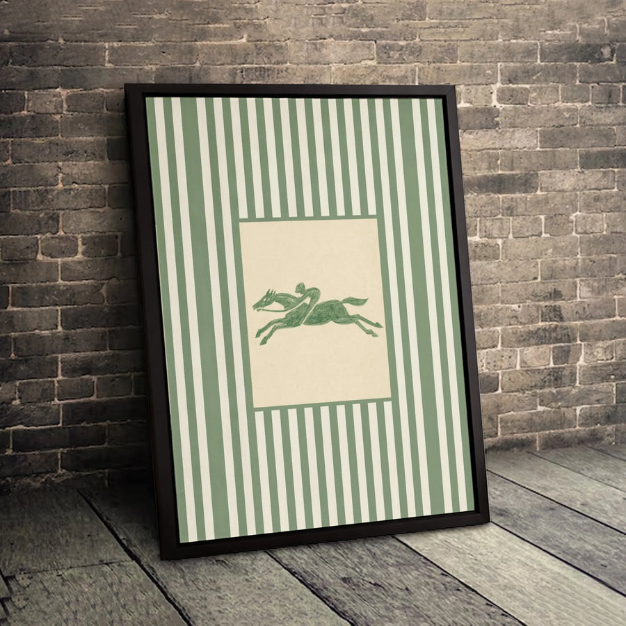 Equestrian Wall Art | Vintage Jockey Horse Sketch with Green Cream Stripes | Premium Gallery-Wrapped Canvas | Sophisticated Home Decor Gift