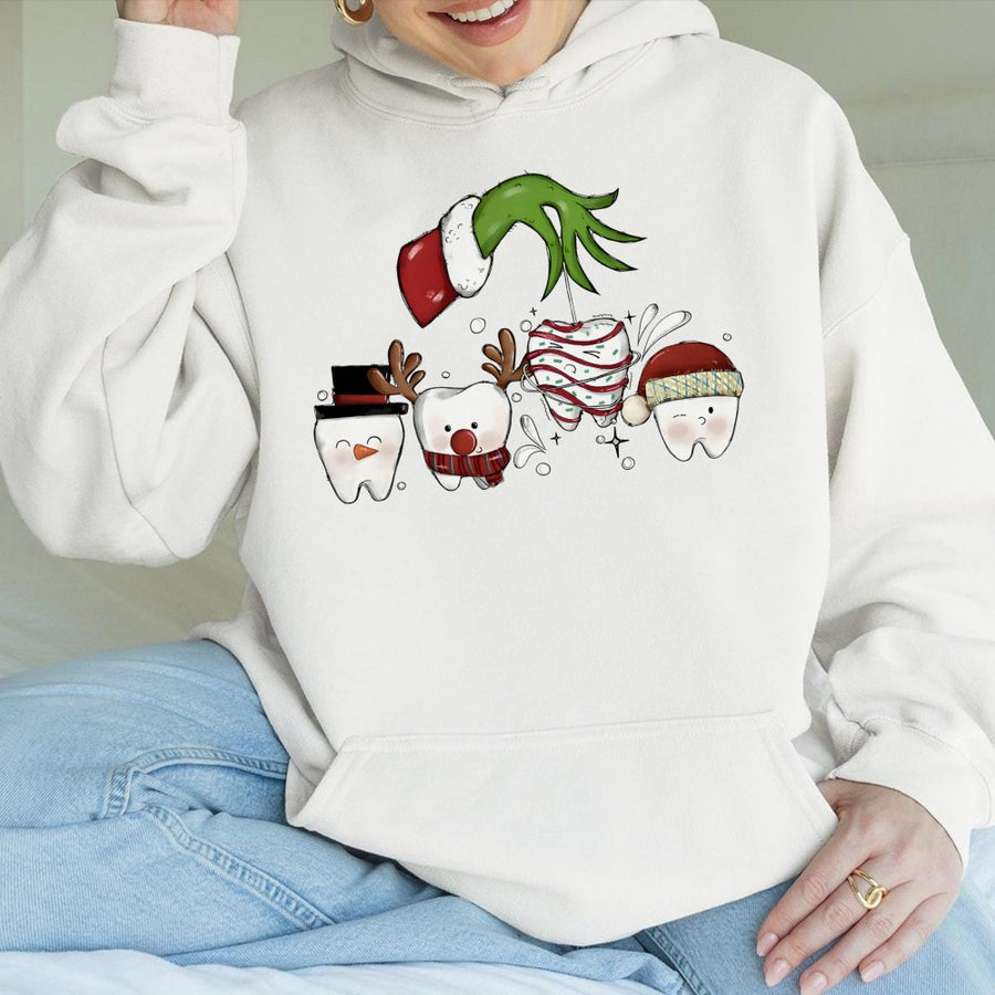 Dentist Christmas Hoodie | Funny Tooth Characters Holiday Graphic | Cotton-Poly Blend Premium Apparel | Dental Hygienist Gift Idea