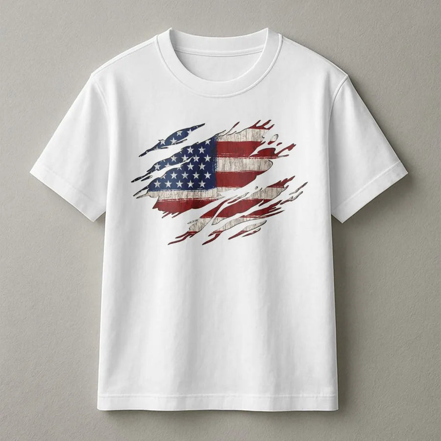 American Flag T-Shirt | Vintage Tattered USA Flag Pullover | Soft Cotton Blend Crewneck | Unisex Patriotic 4th of July Gift