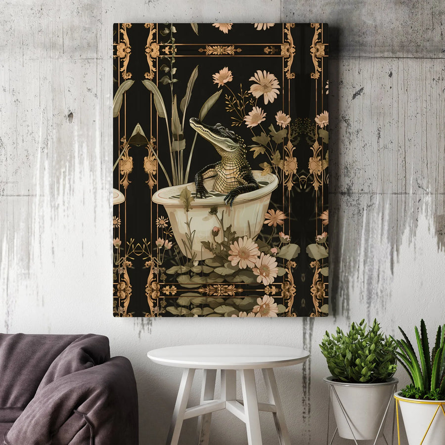 Alligator in Bathtub Canvas Print | Vintage Floral Gothic Art | Premium Gallery Wrapped Canvas | Unique Bathroom Wall Decor Gift