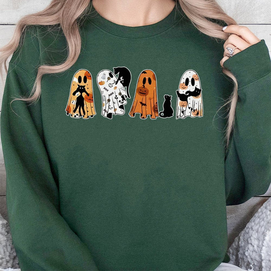 Halloween Ghost Cat Sweatshirt | Cute Spooky Pumpkin Graphic Print | Cotton Blend Premium Crewneck | Unisex Autumn Gift For Cat Lovers