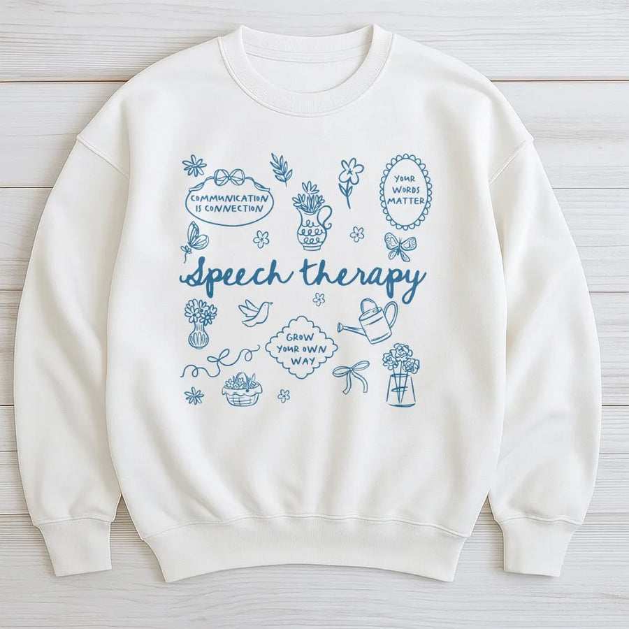 Speech Therapy Sweatshirt | Floral Doodle Art Graphic Tee | Soft 100% Cotton | Gift for Speech Language Pathologist SLP