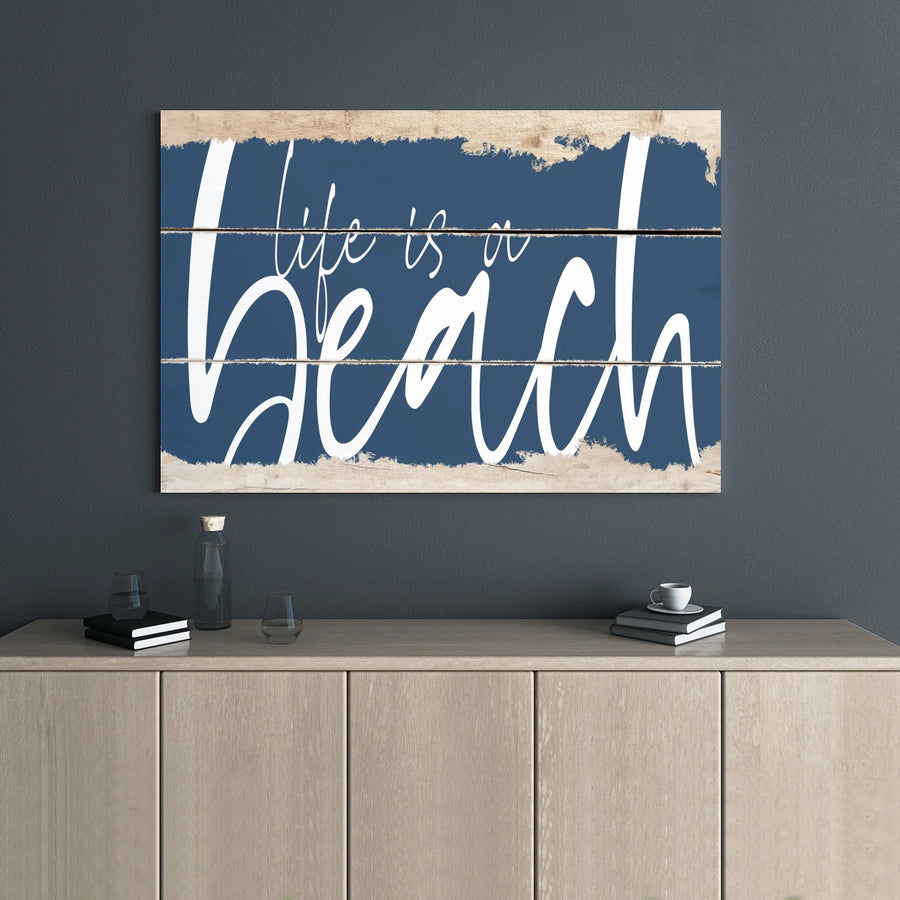 Life Is A Beach Canvas Art | Coastal Blue Rustic Wood Quote Print | Premium 1.25" Gallery Wrap | Beach House Decor Gift for Her