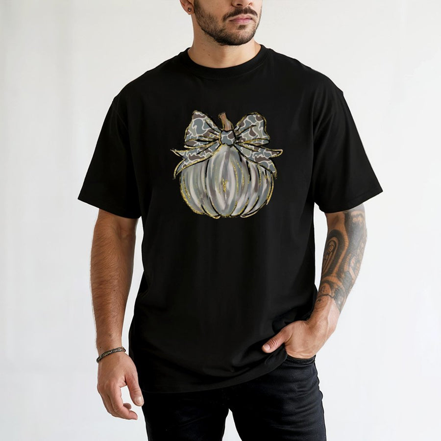 Camo Pumpkin T-Shirt | Fall Vibes Western Coquette Bow Graphic | Premium 100% Cotton Tee | Gift for Women Autumn Apparel