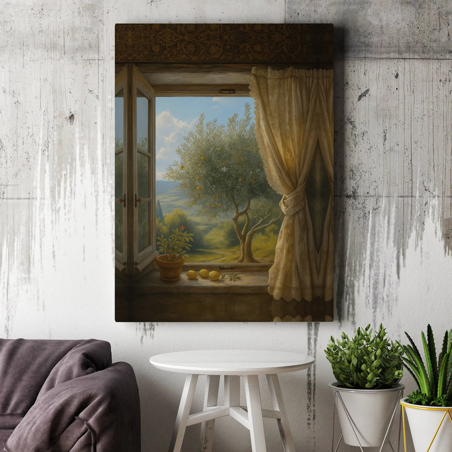 Tuscan Window Canvas Print | Mediterranean Lemon Tree Landscape | 1.25" Gallery Wrap Premium Decor | Italian Villa Wall Art Gift