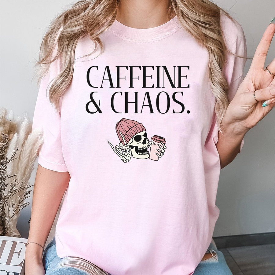 Caffeine & Chaos Graphic T-Shirt | Skeleton In Pink Beanie Drinking Coffee | 100% Cotton Premium Tee | Fun Aesthetic Gift For Coffee Lovers