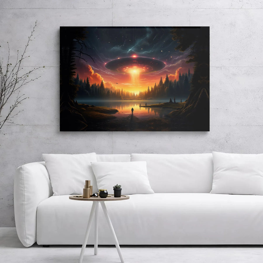 UFO Canvas Wall Art | Alien Abduction Forest Landscape | Premium Gallery Wrapped Decor | Sci-Fi Collector Gift for Home Office