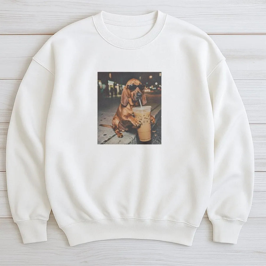 Funny Bloodhound Sweatshirt | Dog Drinking Iced Coffee Meme | Premium Comfort Colors Tee | Gift for Dog Lover & Coffee Addict