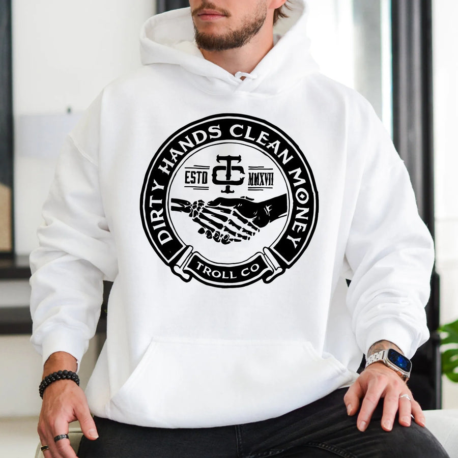 Dirty Hands Clean Money Hoodie | Industrial Skeleton Handshake Graphic | Premium Cotton Blend | Gift for Blue Collar Workers & Tradesmen