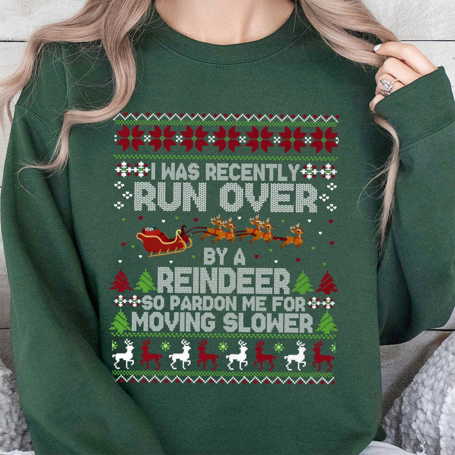 Run Over By A Reindeer Sweatshirt | Funny Christmas Ugly Sweater Design | Premium Cotton Blend Crewneck | Holiday Party Gift For Women And Men