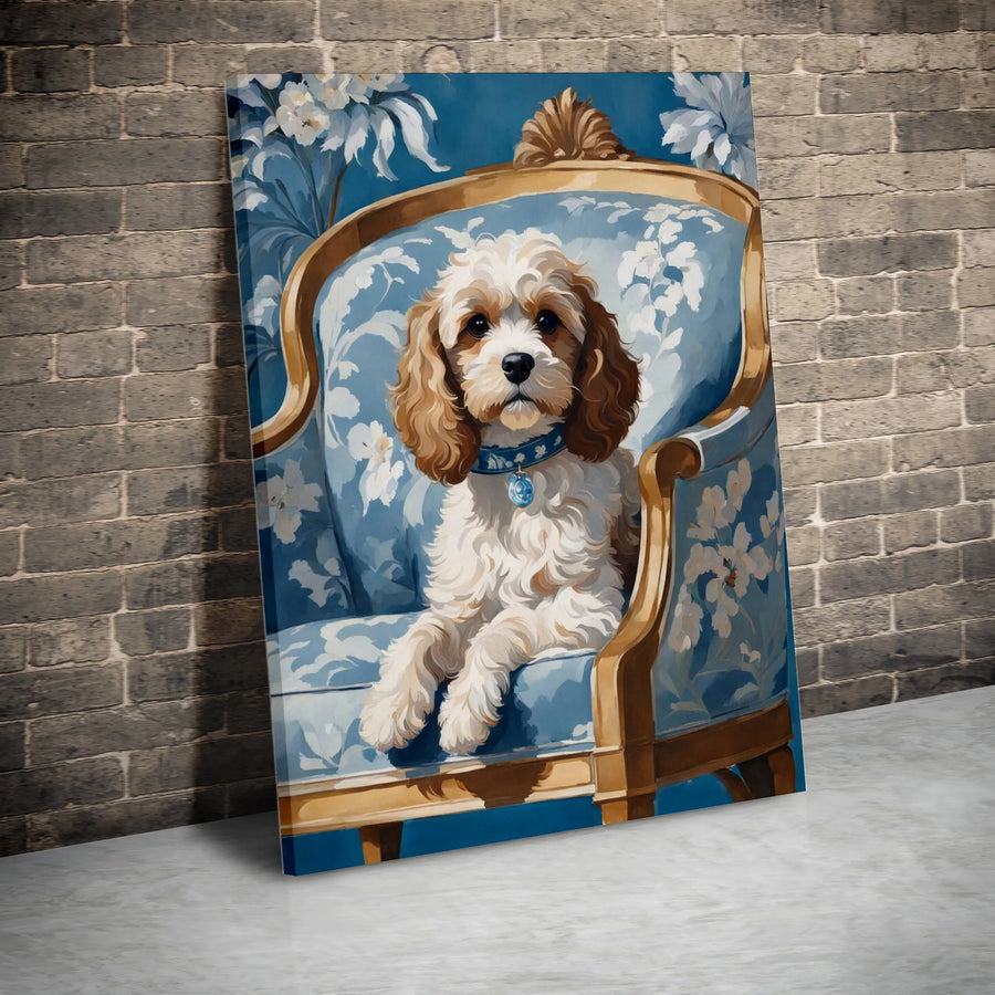 Cockapoo Dog Portrait Wall Art | Regal Royal Blue Floral Chair Canvas | Premium Fade-Resistant Print | Elegant Pet Lover Home Decor Gift