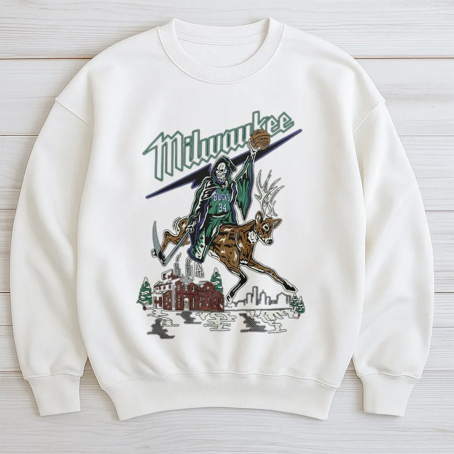 Milwaukee Bucks Grim Reaper Deer Sweatshirt – Giannis 34 Basketball Streetwear Graphic Sweatshirt, Nba Fan Gift, Vintage Milwaukee Bucks Sweatshirt