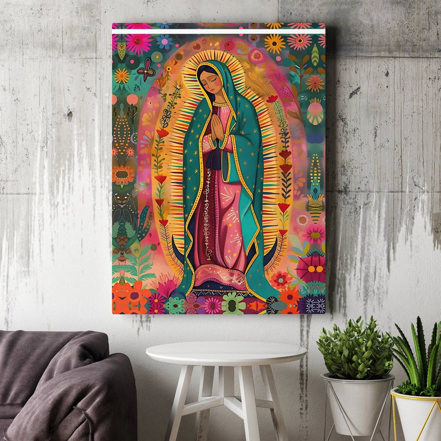 Our Lady of Guadalupe Canvas Art | Vibrant Floral Folk Art Illustration | Premium Canvas Print | Catholic Home Decor Gift
