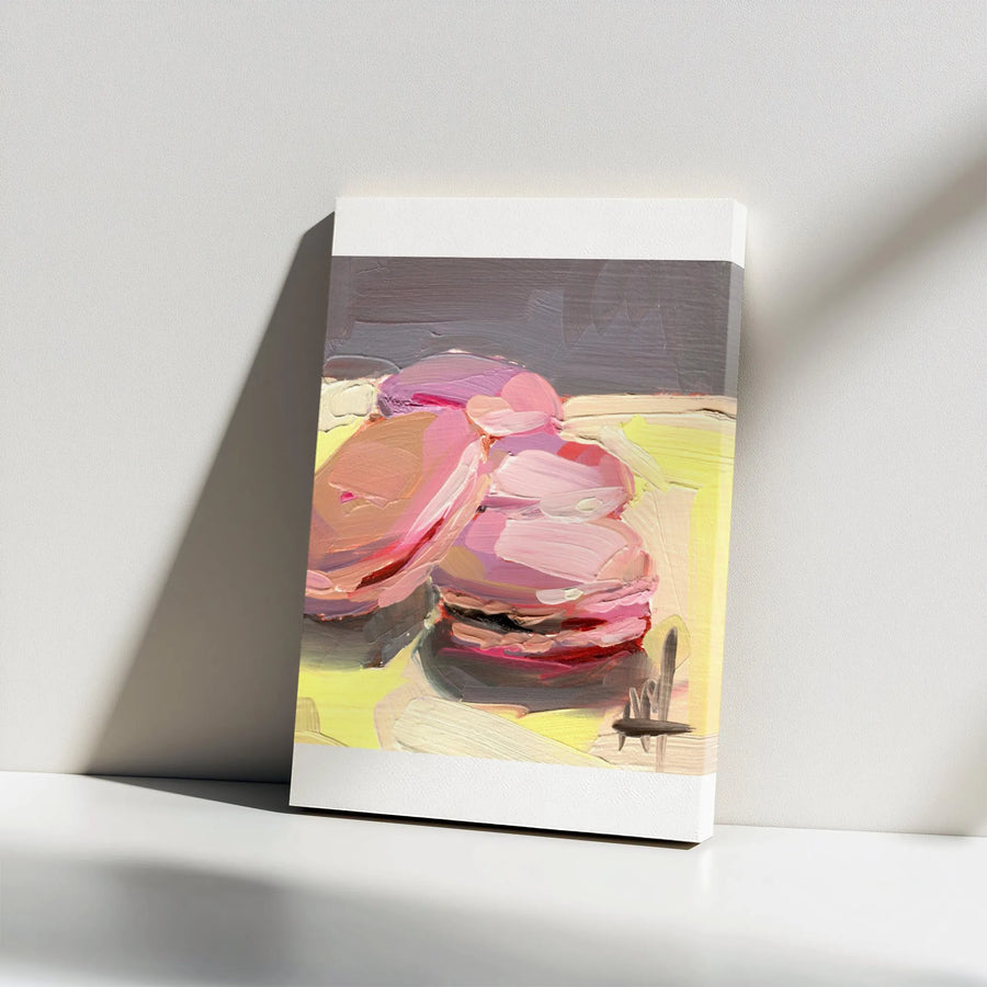 Raspberry Macaroon Vertical Canvas | Textured Impasto Style Painting | Premium Gallery Wrap Print | Modern Kitchen or Bakery Wall Decor