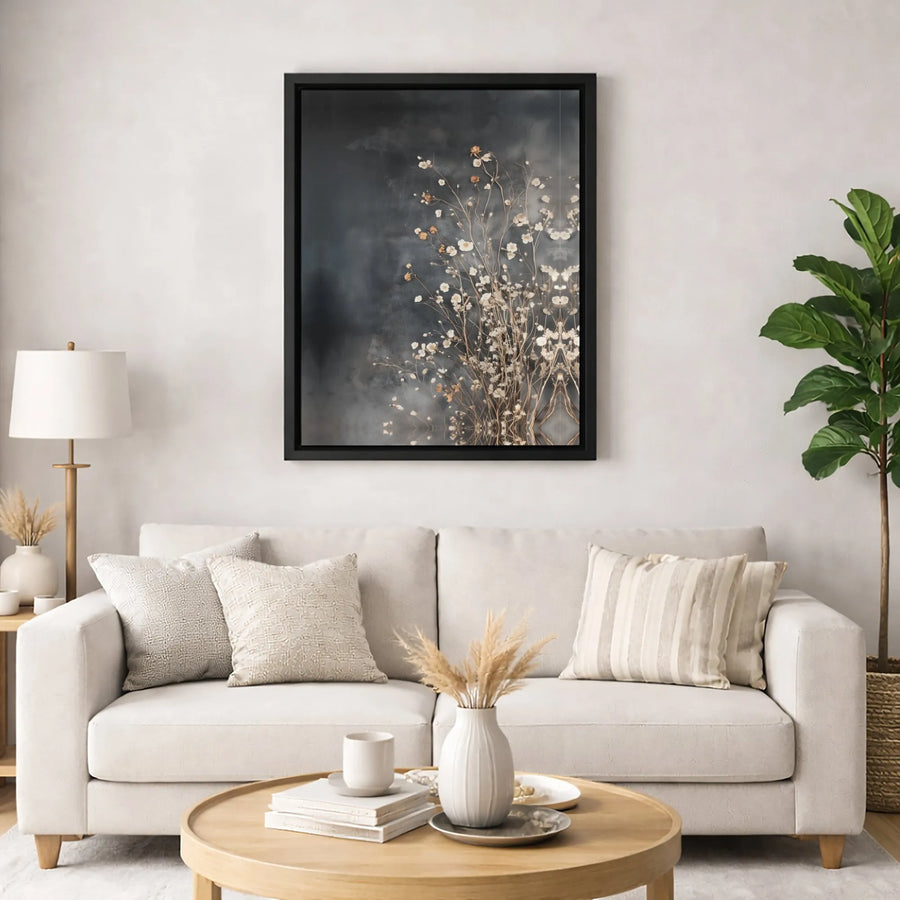 Dried White Wildflowers Canvas | Moody Botanical Wall Art | 1.25 Inch Premium Gallery Profile | Modern Minimalist Home Decor Gift