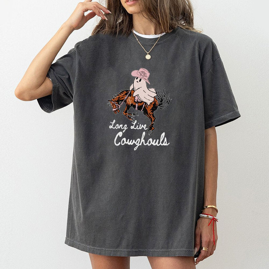 Long Live Cowghouls T-Shirt | Pink Ghost Cowboy Western Graphic | 100% Cotton Premium Tee | Cute Halloween Gift For Her