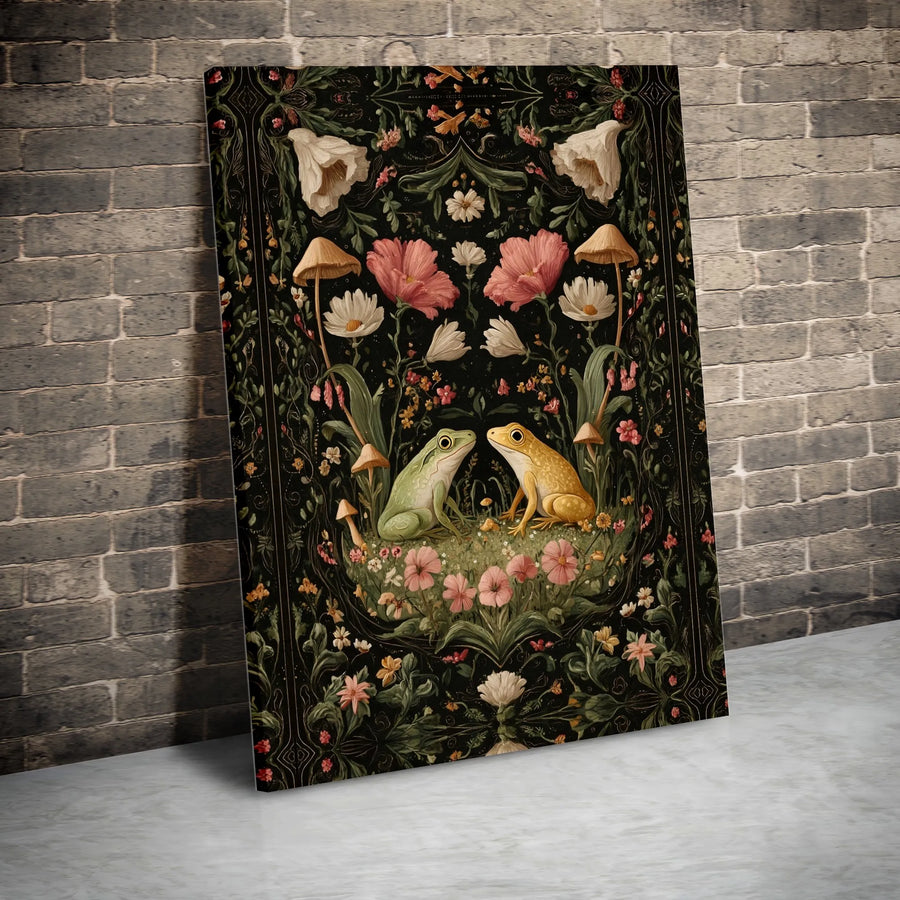 Frog Wall Art Canvas | Cottagecore Botanical Illustration with Mushrooms | Premium 1.25" Gallery Wrap | Nature Lover Home Decor Gift