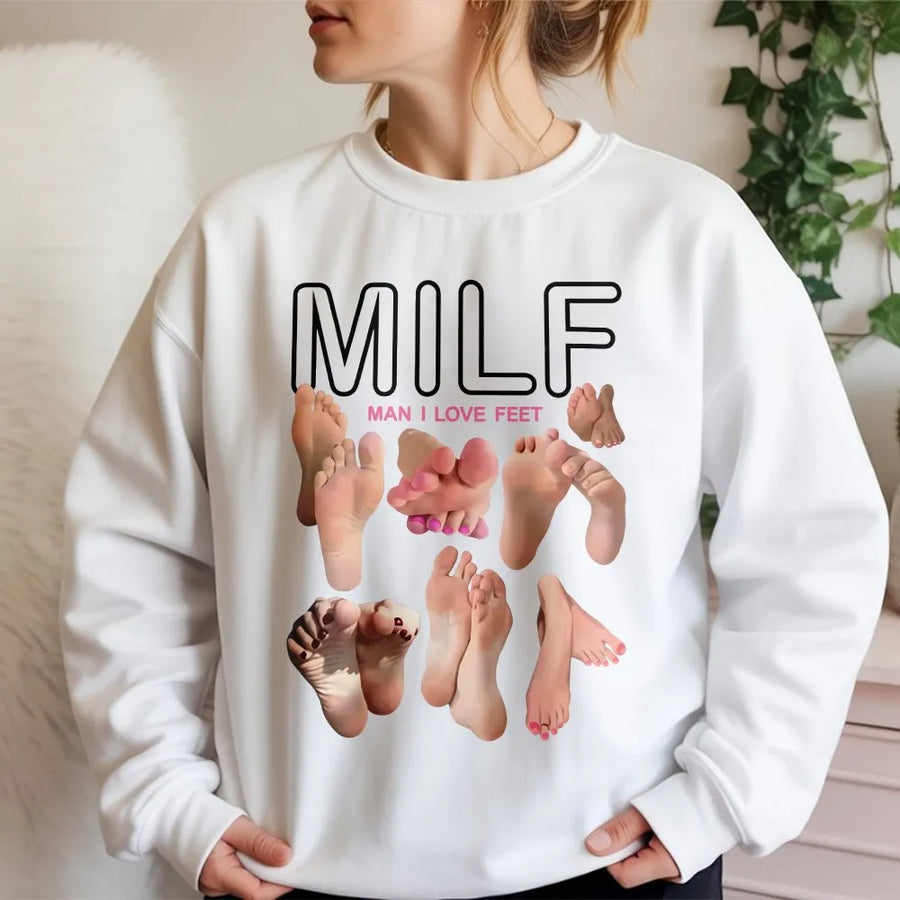 MILF Man I Love Feet Sweatshirt | Funny Meme Graphic Pullover | Soft Cotton Blend Unisex Apparel | Unique Gag Gift for Foot Lovers
