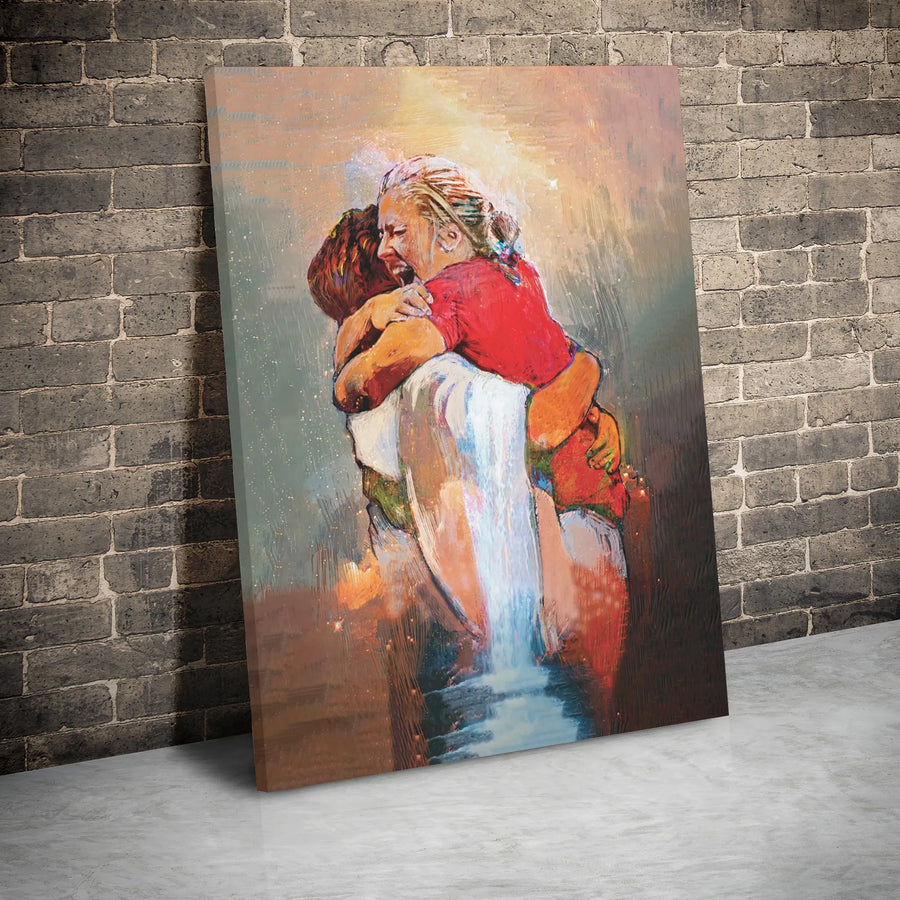 Jesus Embracing Crying Woman Canvas | First Day in Heaven Spiritual Art | Premium 1.25-inch Gallery Wrap | Comforting Christian Home Decor Gift
