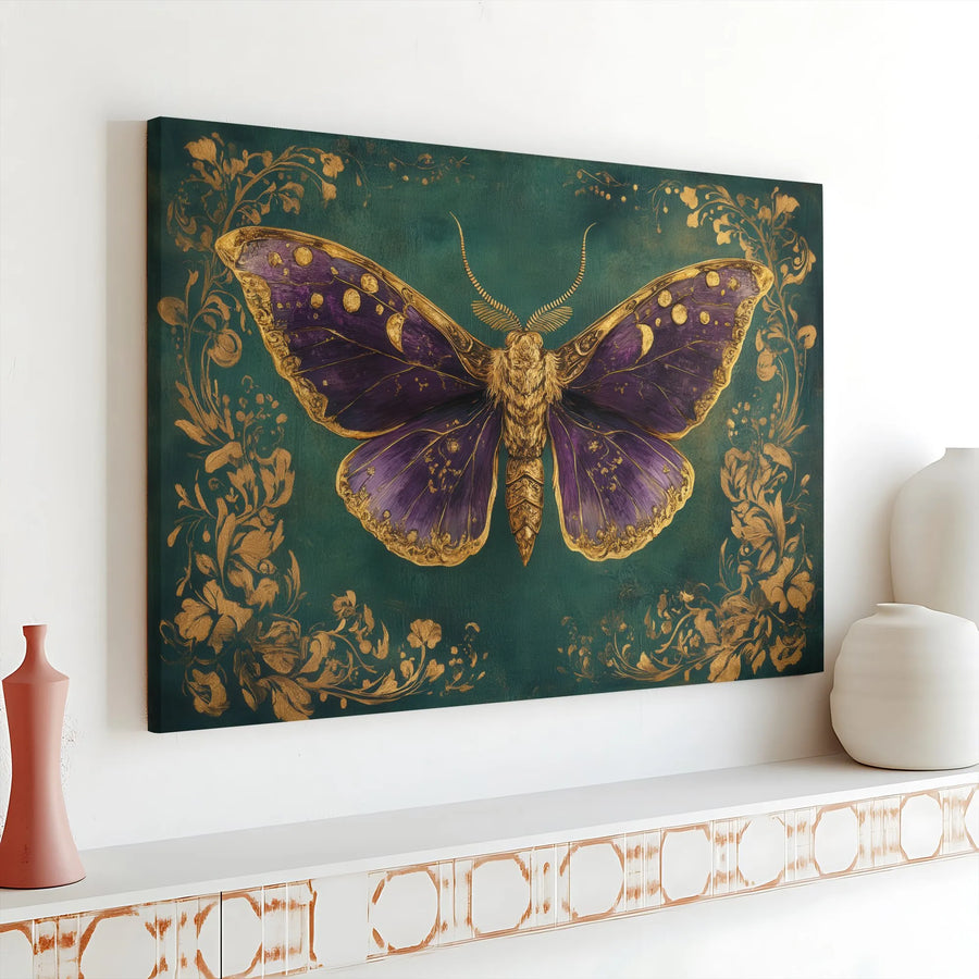 Celestial Moth Canvas Wall Art | Purple and Gold Lunar Moth Print | Premium Thick Gallery Wrap Canvas | Gothic Cottagecore Home Decor Gift