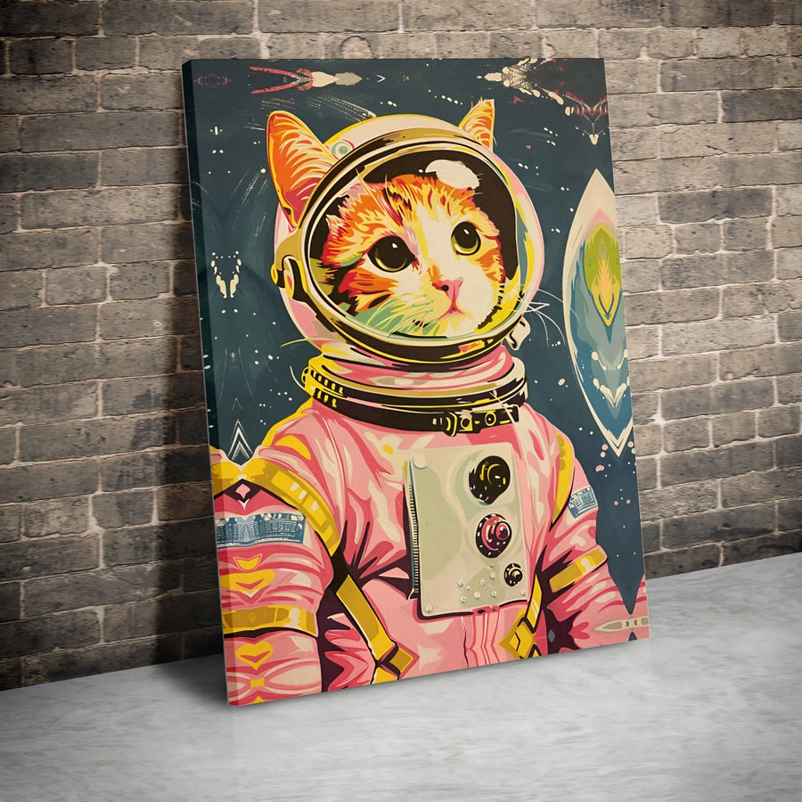 Astronaut Cat Canvas Wall Art | Retro Pop Art Cosmic Kitten Print | Premium Framed Canvas | Gift for Cat Lover, Kids Room & Nursery Decor