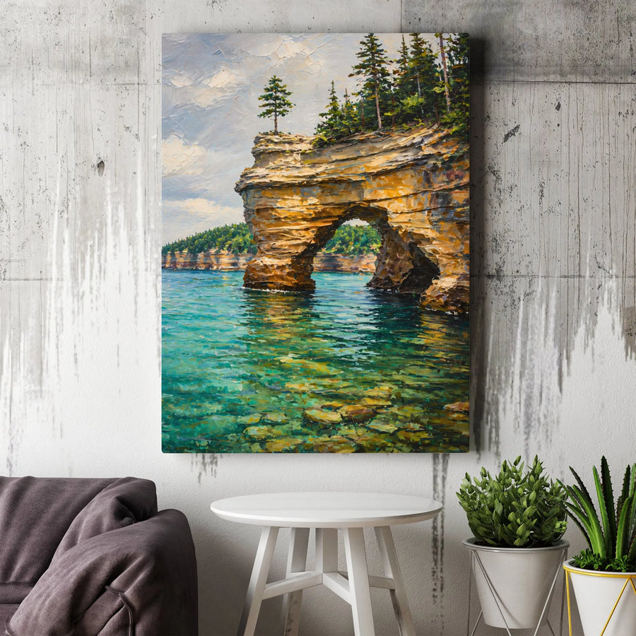 Coastal Arch Canvas Print | Textured Oil Painting Style Lake Superior Scene | Premium Gallery Wrapped Canvas | Collector's Gift for Nature Lover