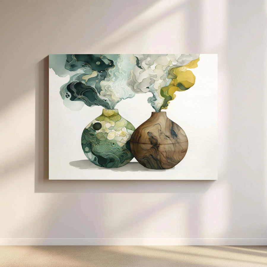 Abstract Vase Canvas Wall Art | Modern Watercolor Smoke with Gold Line Detail | Premium Gallery Wrapped Canvas | Zen Home & Office Decor Gift
