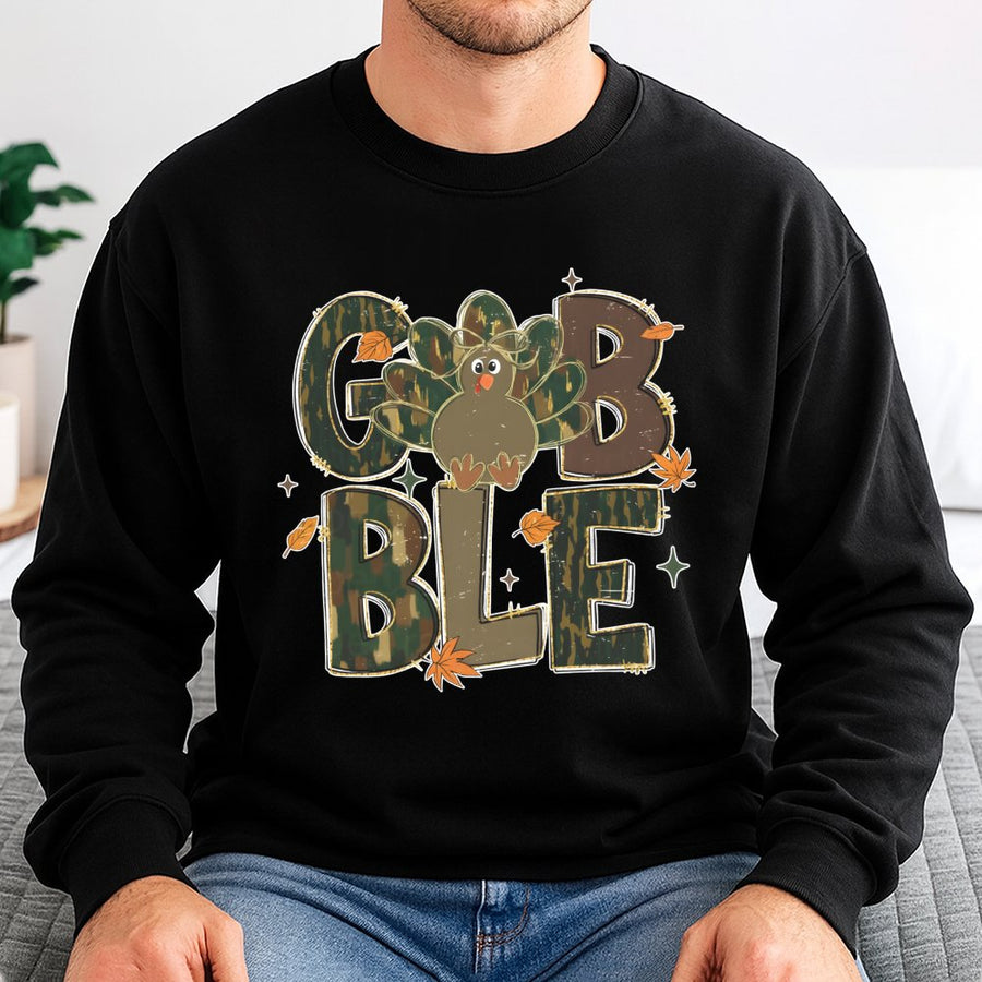 Gobble Thanksgiving Sweatshirt | Camo Turkey Graphic Design | Premium Cotton Blend | Cozy Fall Gift for Women and Men