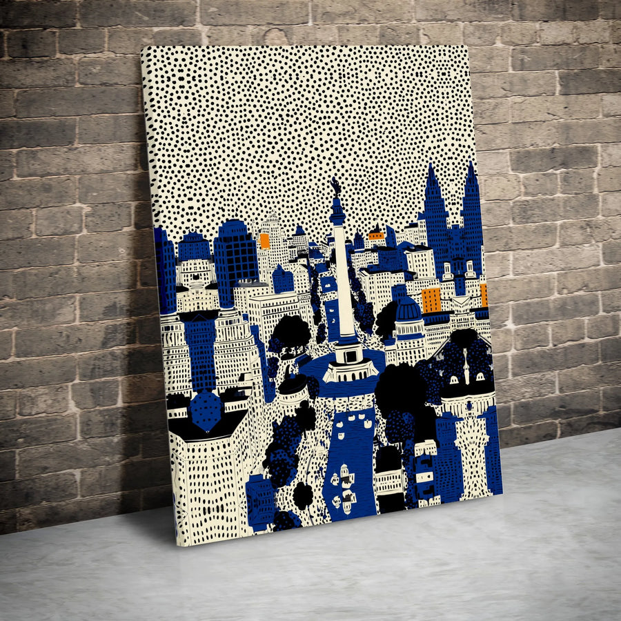 Indianapolis Cityscape Vertical Canvas | Stylized Blue Skyline Art with Patterned Sky | Premium 1.25" Frameless Gallery Wrap | Modern Home Office Wall Decor Gift