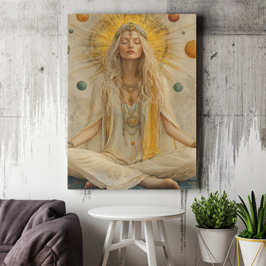 Spiritual Goddess Canvas Wall Art | Meditating Priestess Portrait with Golden Halo | Premium Frameless Print | Yoga Studio Decor Gift