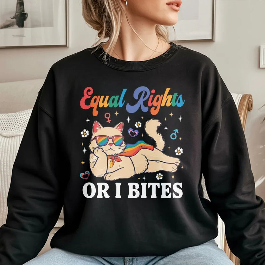 Sweat-shirt féministe avec chat pour l'égalité des droits | Motif humoristique « Or I Bites » | Vêtement Pride en coton premium | Cadeau pour allié LGBTQ