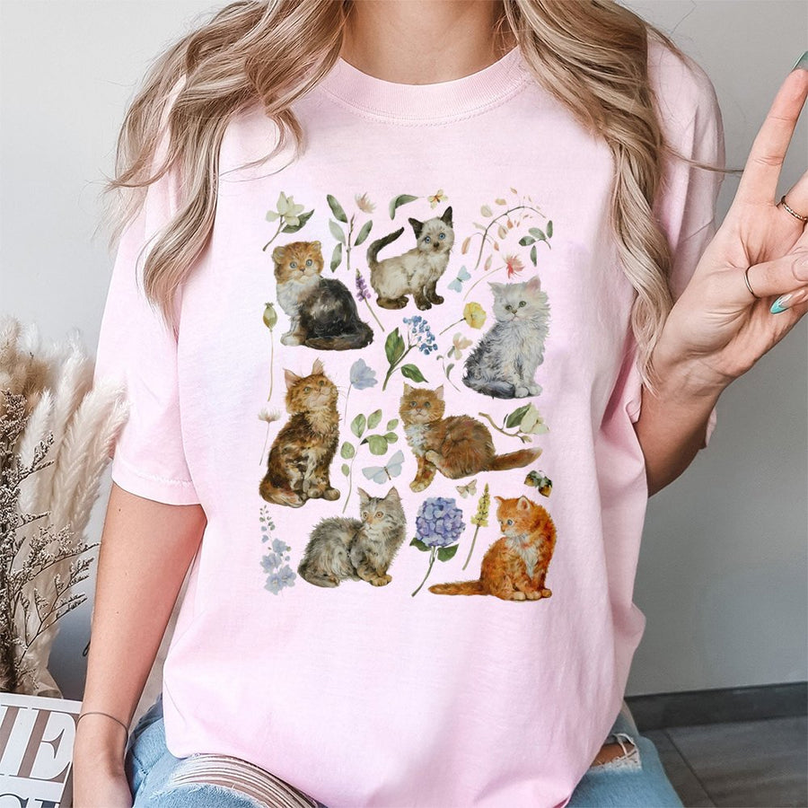 Vintage Cat T-Shirt | Watercolor Kitten and Wildflower Graphic | Premium 100% Cotton Tee | Aesthetic Gift for Cat Lovers
