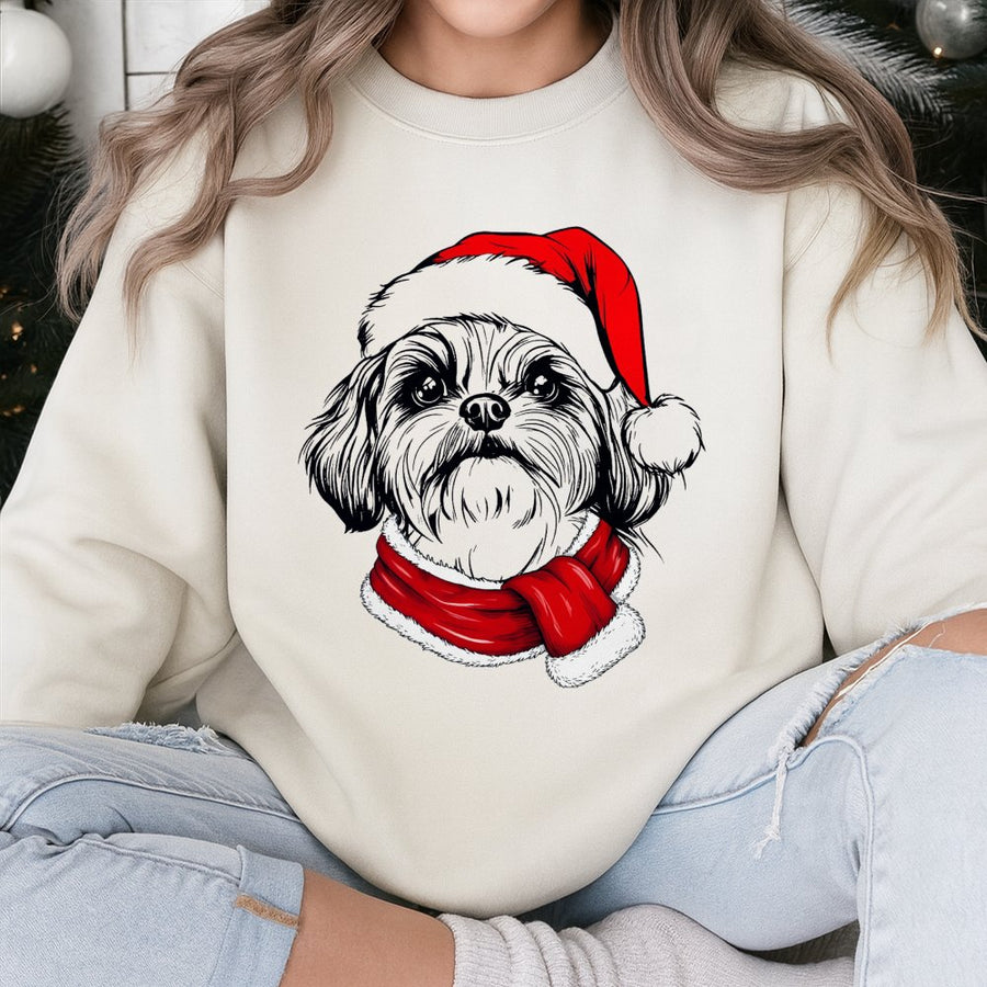 Santa Paws Christmas Dog Sweatshirt | Festive Shih Tzu Holiday Graphic | Premium Cotton Blend Unisex Crewneck | Cozy Winter Gift for Dog Lovers
