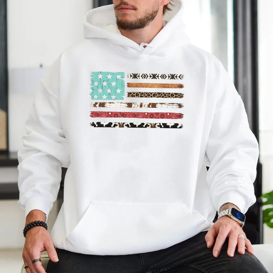 Western American Flag Hoodie | Boho Cowboy Print Distressed Graphic | Premium Cotton Blend | Patriotic Gift for Men & Women