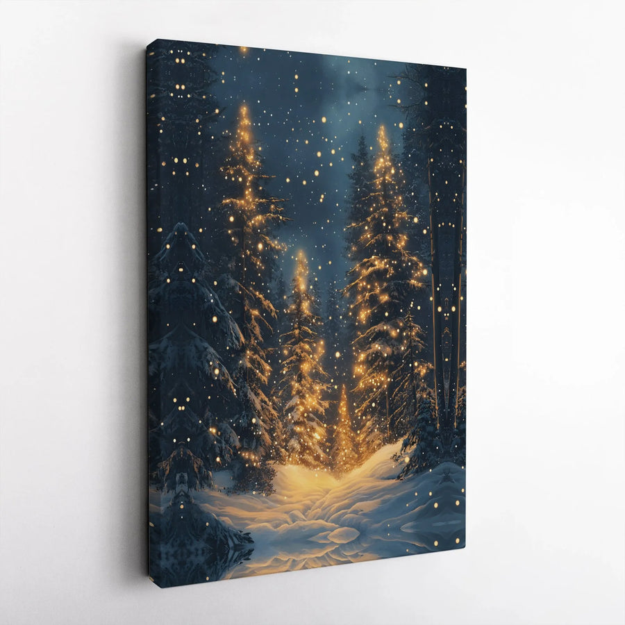 Winter Forest Canvas Wall Art | Glowing Pine Trees Christmas Decor | Premium Gallery Wrap Print | Seasonal Holiday Home Gift
