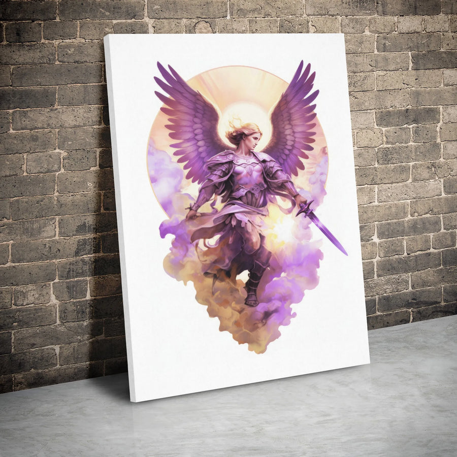 Female Archangel Wall Art | Warrior Angel With Purple Wings Canvas | Premium 1.25 Gallery Wrap | Spiritual Fantasy Home Decor Gift