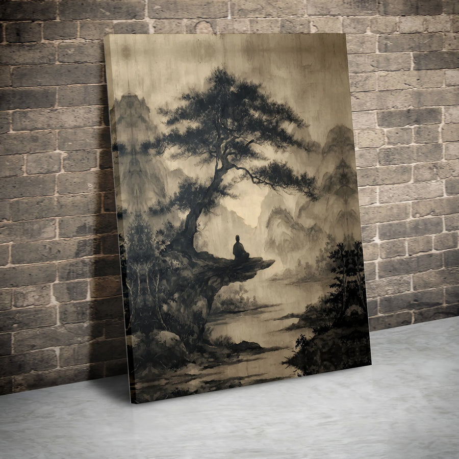 Zen Meditation Canvas Wall Art | Vintage Japanese Ink Wash Landscape | Premium Gallery Quality Print | Spiritual Home Decor Gift for Yoga Lover