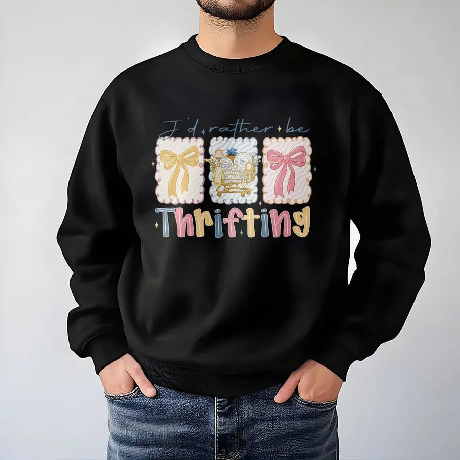 I'd Rather Be Thrifting Sweatshirt | Retro Bow and Vintage Cart Graphic | Premium Soft Cotton Blend | Aesthetic Gift for Thrift Store Shopper