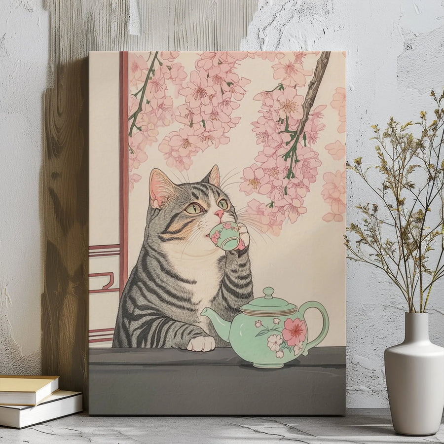 Japanese Cat Canvas Wall Art | Ukiyo-e Style Tabby Drinking Tea | Premium Gallery Wrap Decor | Unique Gift for Cat Lovers & Asian Art Fans