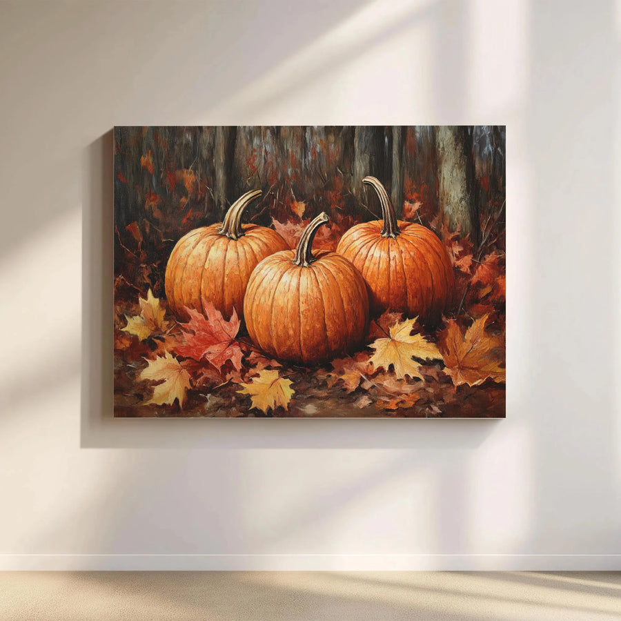 Pumpkin Patch Canvas Wall Art | Rustic Forest Scene with Autumn Leaves | Premium Fade-Resistant Print | Seasonal Thanksgiving Home Decor Gift