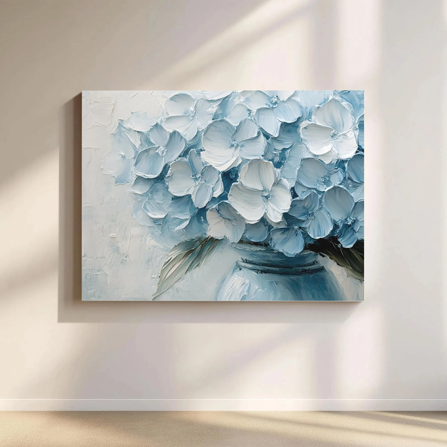 Blue Hydrangea Canvas Print | Textured Impasto Floral Oil Painting Style | Premium Fade-Resistant Gallery Wrap | Elegant Home Decor Wall Art
