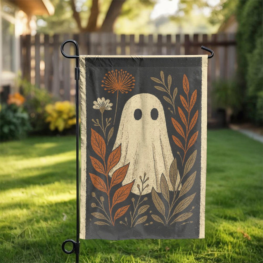 Ghost Garden Flag | Vintage Halloween Floral Botanical Art | Premium Polyester Outdoor Decor | Spooky Autumn Yard Decoration Gift